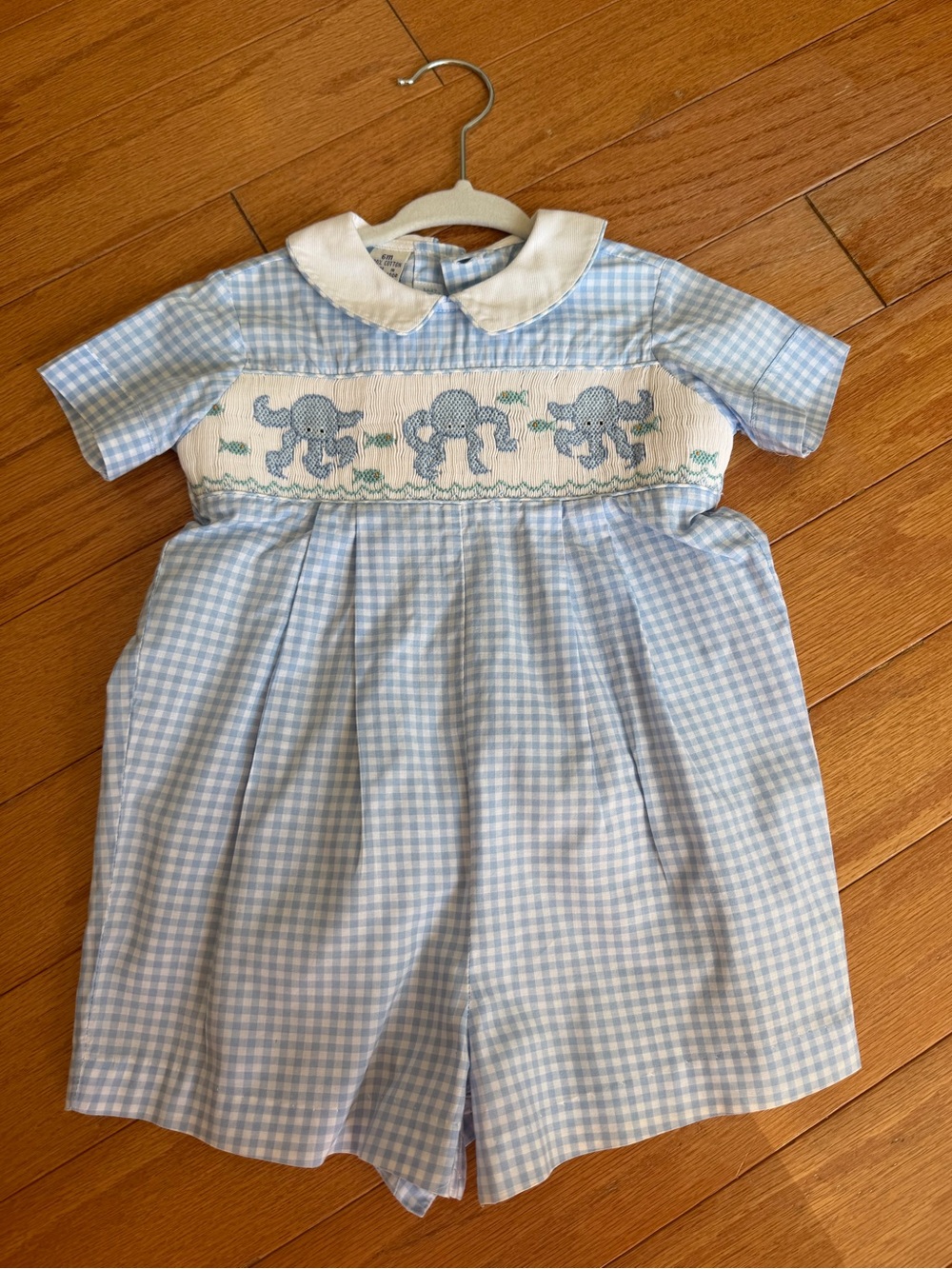 Classic Blue Gingham Smocked Elephant One-Piece